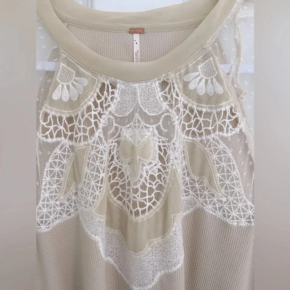 Free People Toni Top Embroidered Lace Long Sleeve Knit in Morning Oat Si…